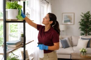 Professional female cleaner dusting shelves during spring cleaning in a bright New Jersey home