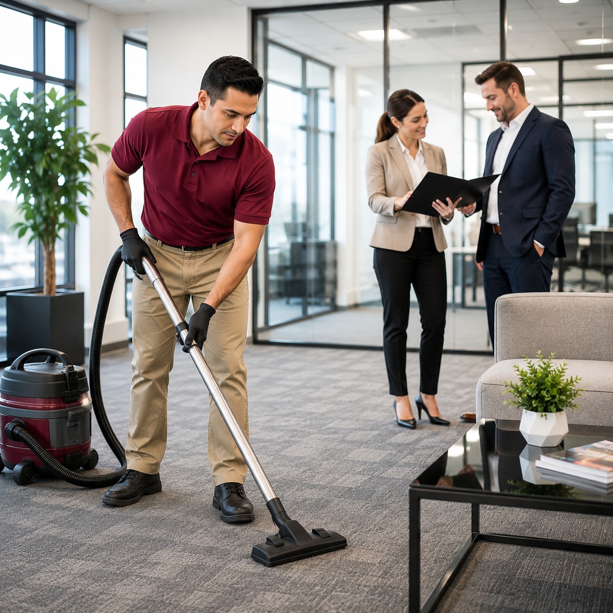 Professional commercial cleaner in burgundy uniform cleaning an office building in New Jersey