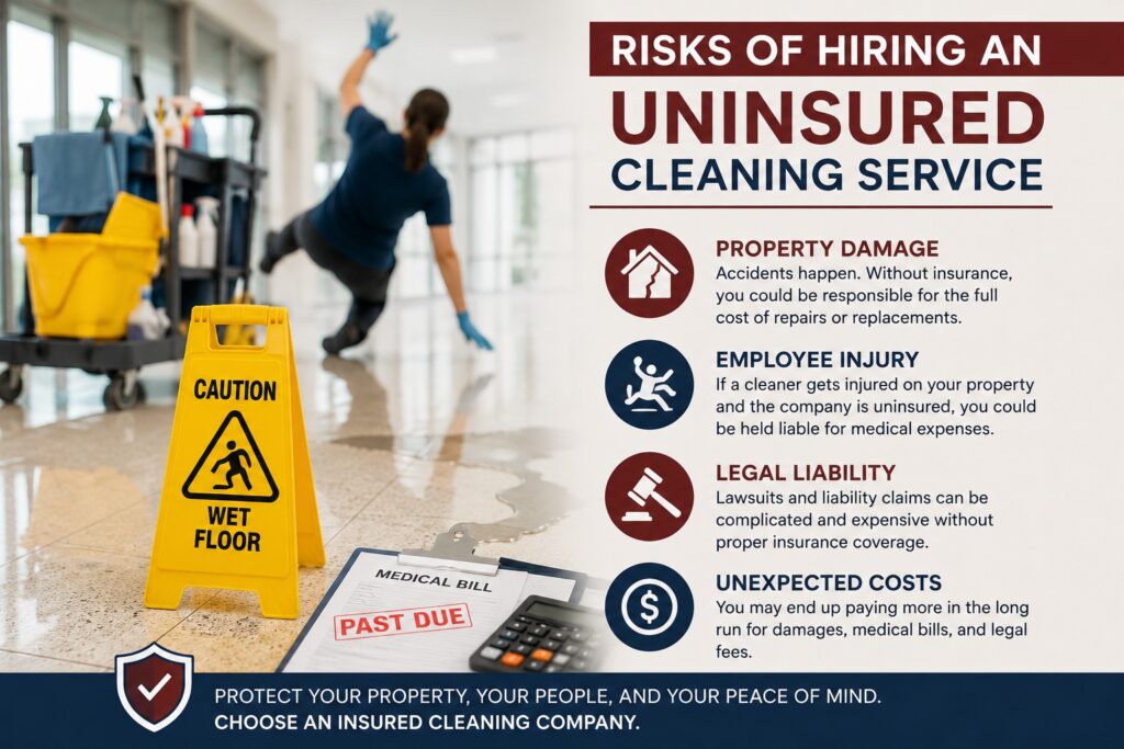Professional cleaner slipping on a wet floor illustrating the risks of hiring an uninsured cleaning service, including liability, property damage, and workplace injuries.