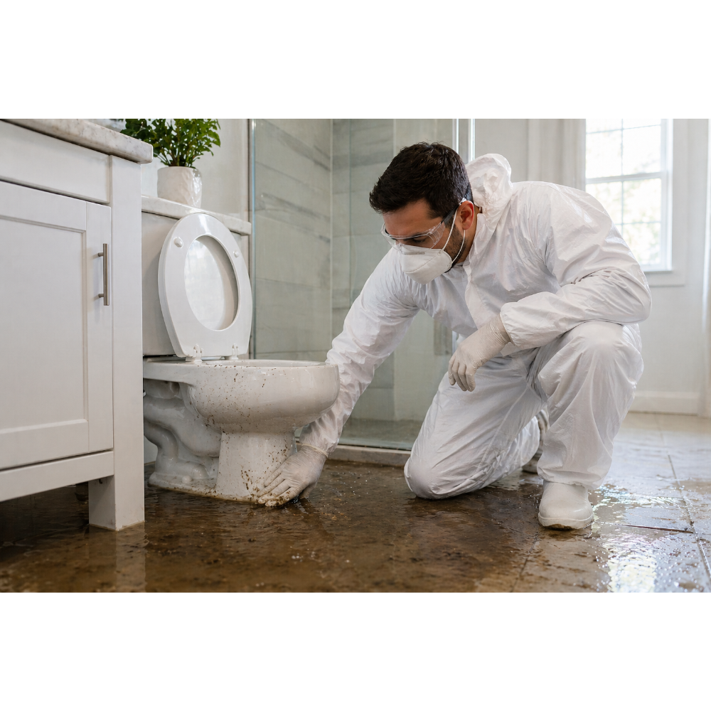 toilet overflow cleanup in North Plainfield NJ with technician in protective suit cleaning dirty water from bathroom floor