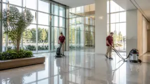 Commercial cleaning crew performing floor cleaning services in New Jersey office building