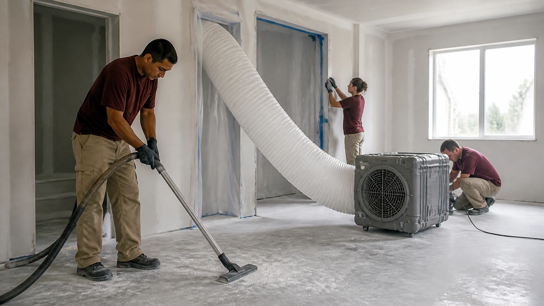 HEPA vacuuming and air scrubber setup during post construction cleaning in New Jersey