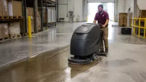 Warehouse floor cleaning with automatic scrubber machine in New Jersey distribution facility
