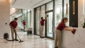 Commercial cleaning team performing janitorial and floor cleaning services in a New Jersey office building