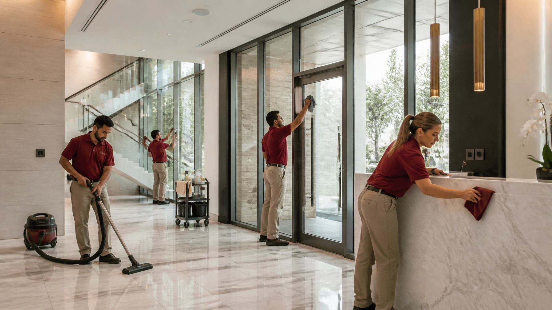 Commercial cleaning team performing janitorial and floor cleaning services in a New Jersey office building