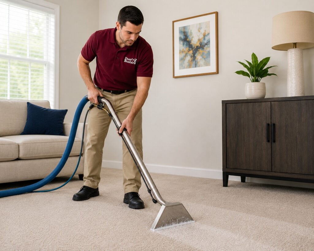 Dust Busters technician performing hot water extraction carpet cleaning with a professional carpet wand