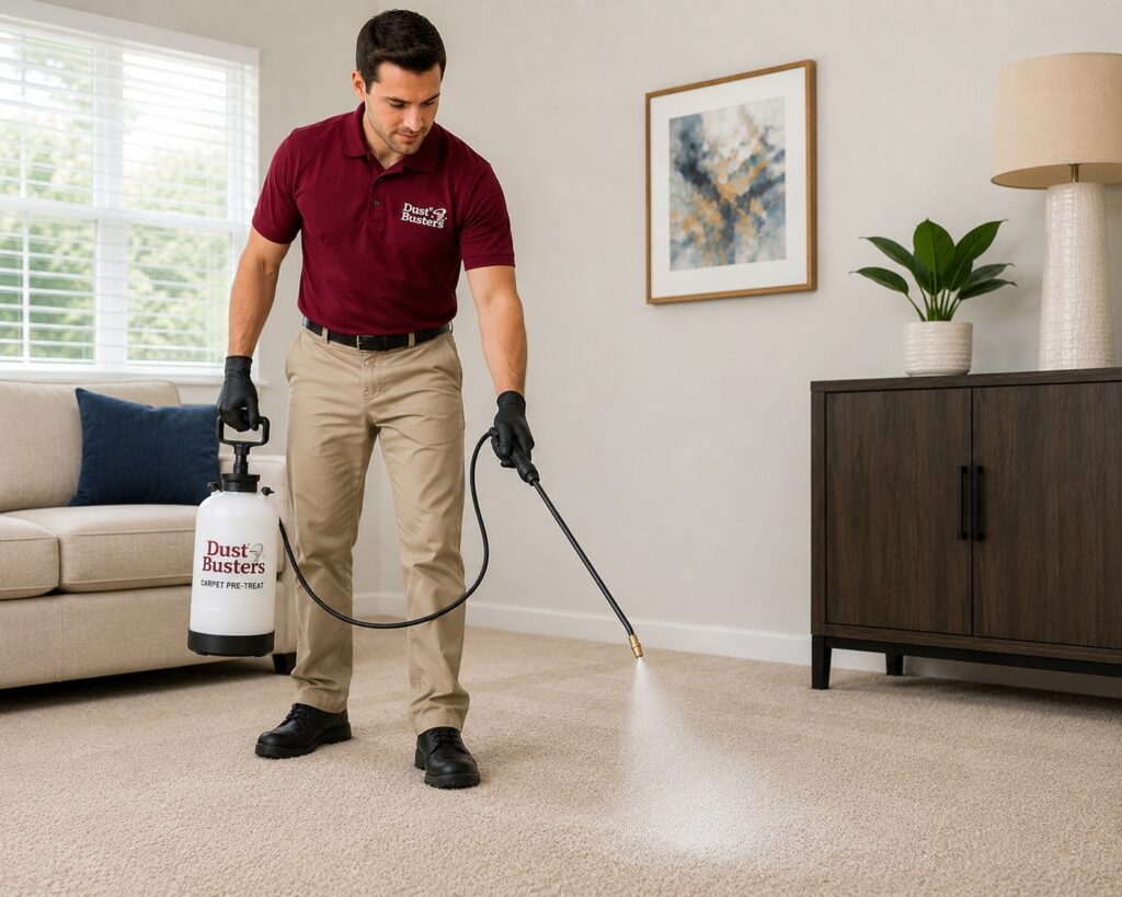 Dust Busters technician applying carpet pre-treatment solution before hot water extraction cleaning