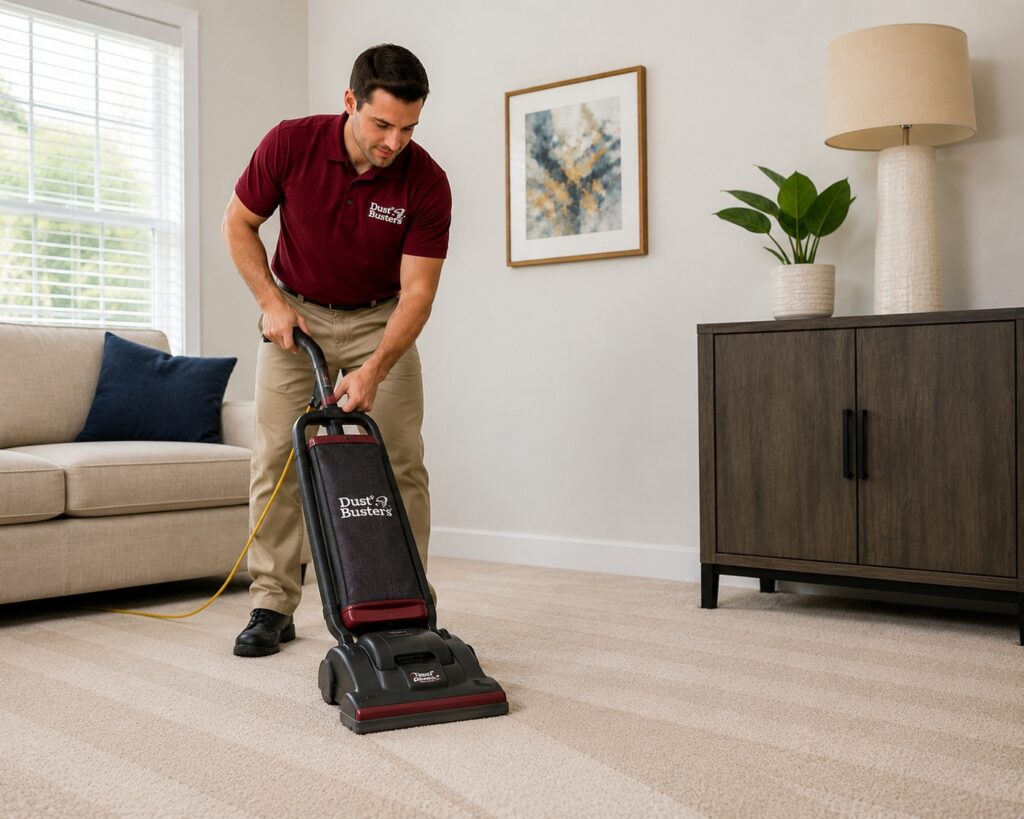 Dust Busters technician pre-vacuuming carpet before steam cleaning in a residential home