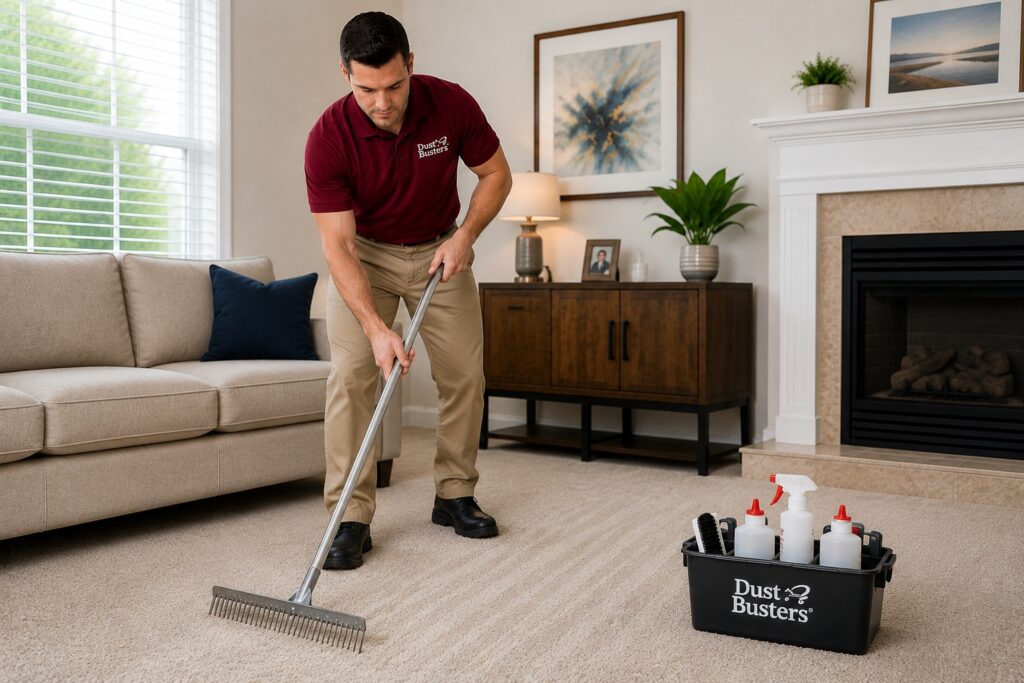 Dust Buster's technician grooming carpet fibers after professional steam cleaning in North Plainfield NJ.