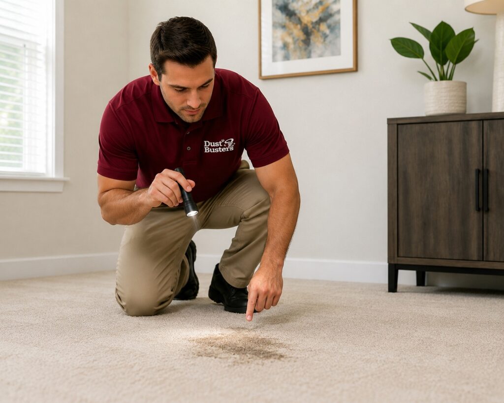 Dust Buster's technician inspecting carpet stains before professional carpet cleaning in North Plainfield NJ