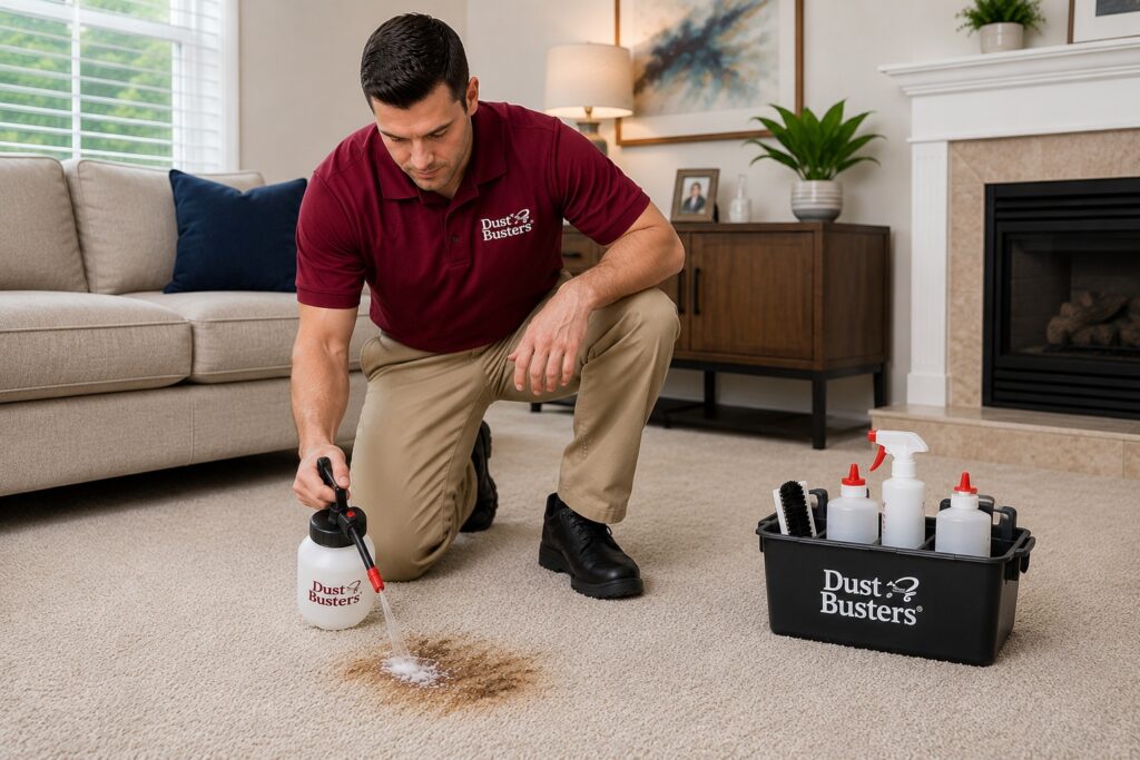 Dust Buster's technician applying spot and stain treatment to residential carpet before steam cleaning in North Plainfield NJ.