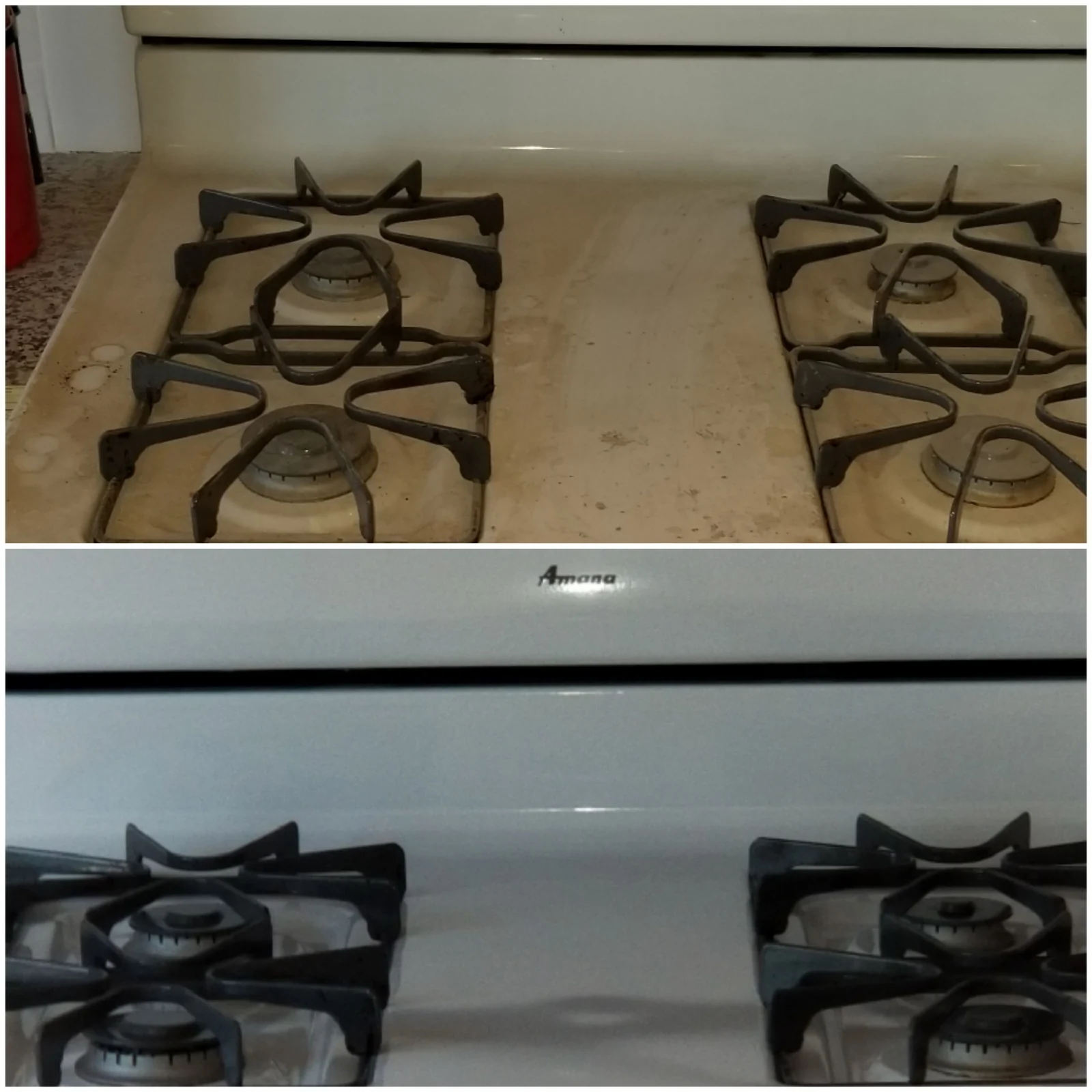 Two stacked views of a gas cooktop, with visible surface residue in the upper view.