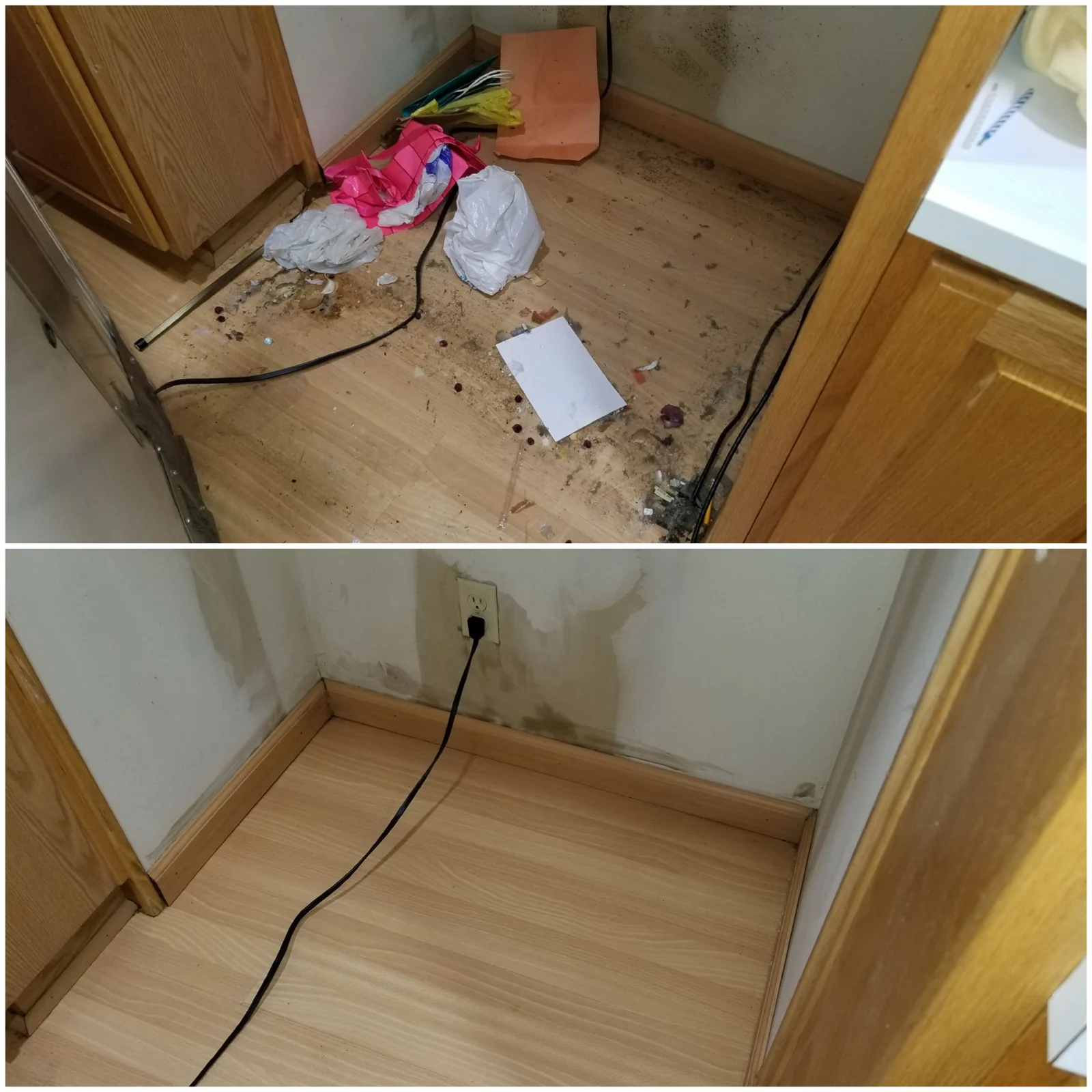 Two stacked views of a kitchen appliance alcove and floor, with loose debris in the upper view.