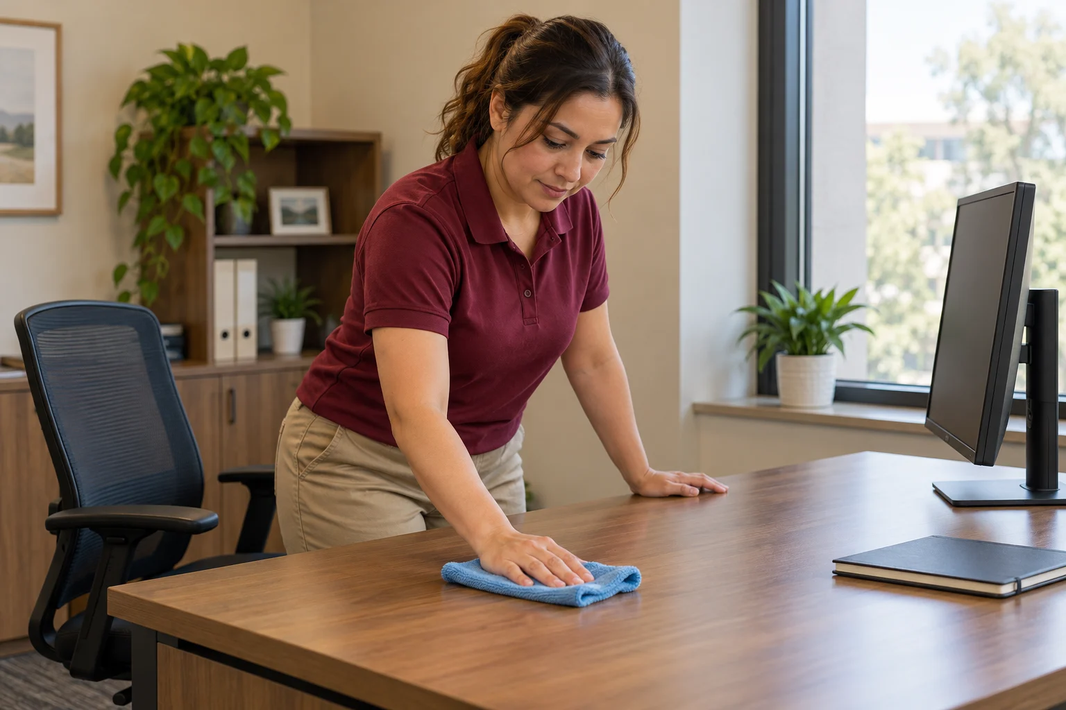 Illustrative scene of a woman wiping an office desk with a microfiber cloth